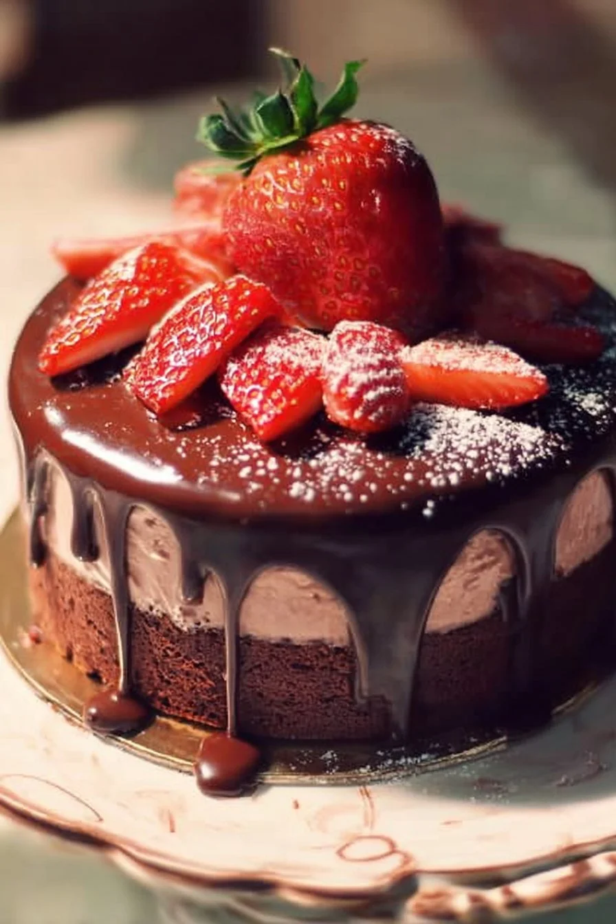 Delicious Chocolate Strawberry Cake topped with fresh strawberries and chocolate ganache