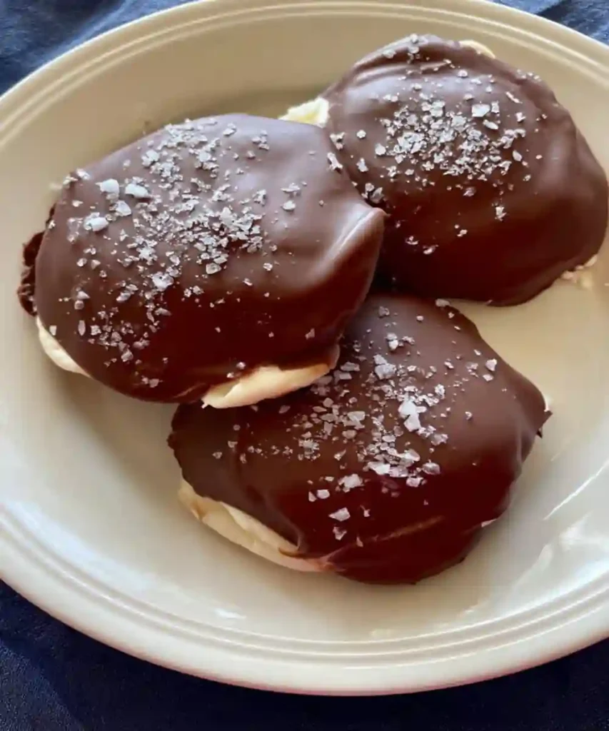 chocolate-covered Greek yogurt snacks sprinkled with flaky sea salt on a white plate
