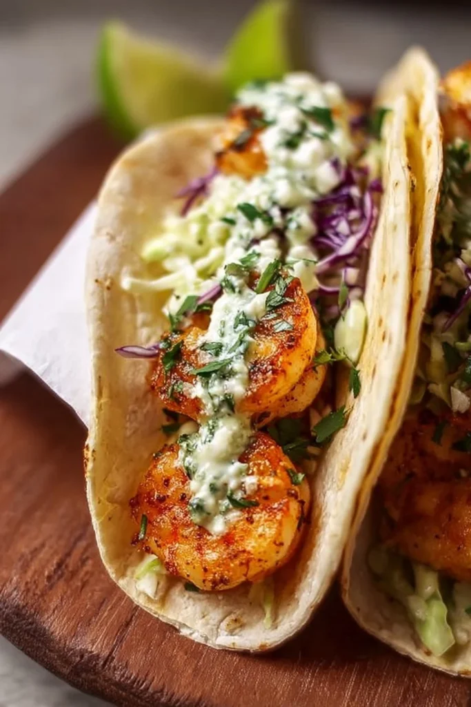 Cilantro lime shrimp tacos topped with creamy slaw on a plate