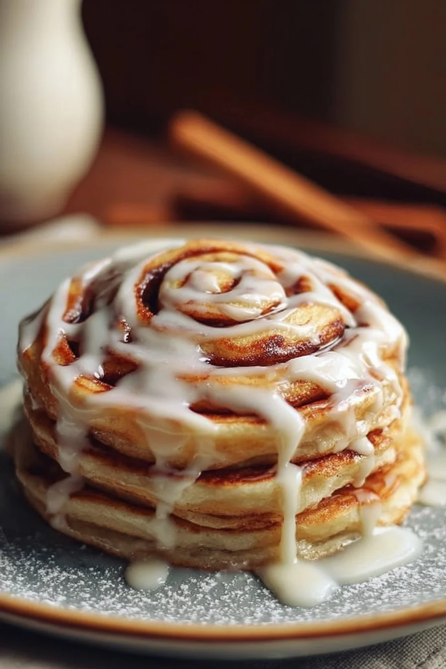 Delicious cinnamon roll pancakes topped with cream cheese icing and cinnamon swirl.