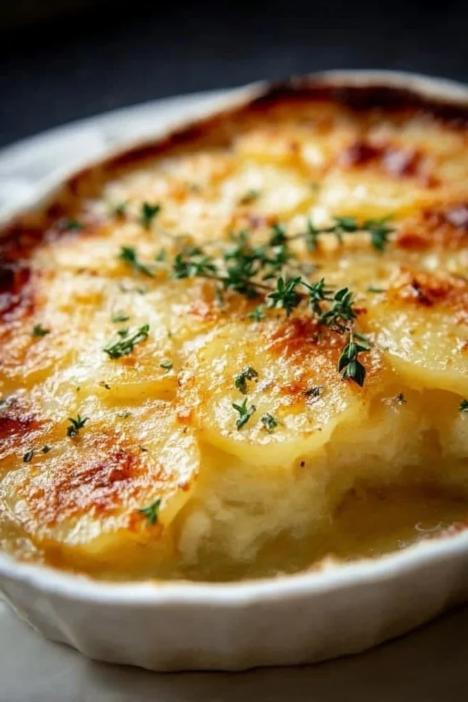 Creamy Ruth’s Chris-style potatoes au gratin topped with cheese