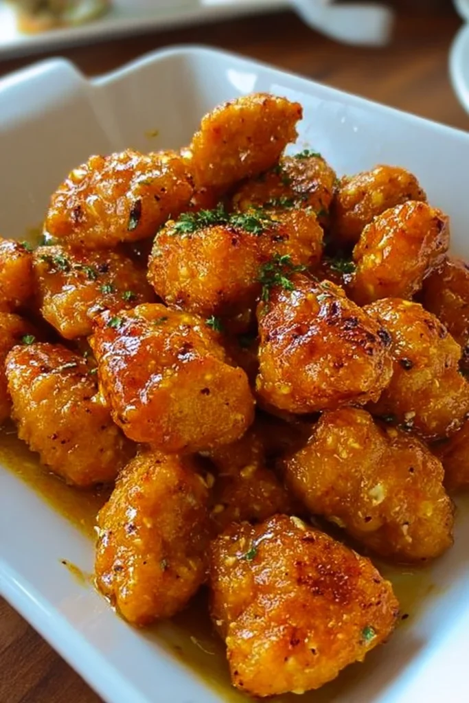 Delicious cowboy butter chicken bites served on a plate, garnished with herbs