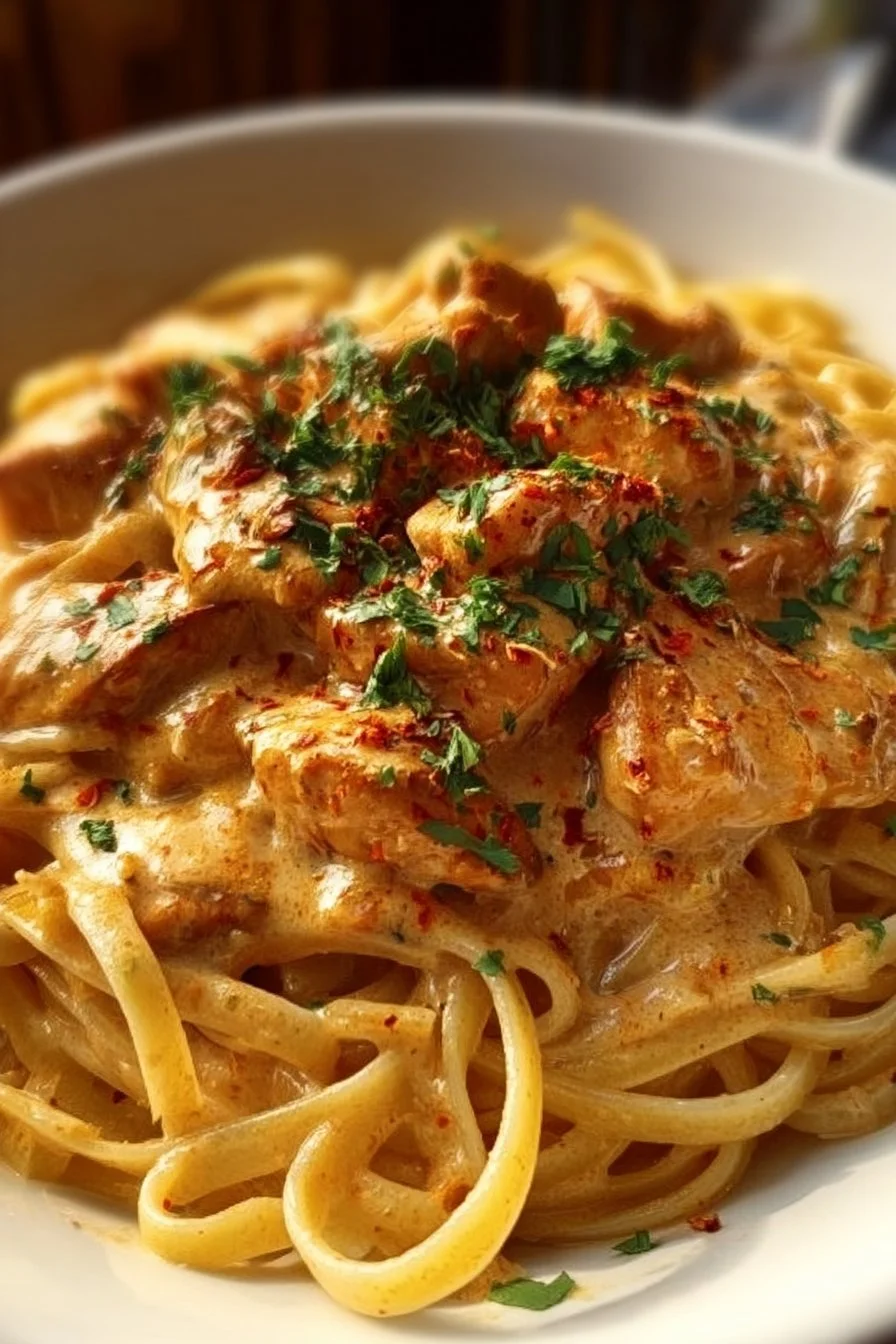 Delicious Cowboy Butter Chicken Linguine served in a bowl with fresh herbs