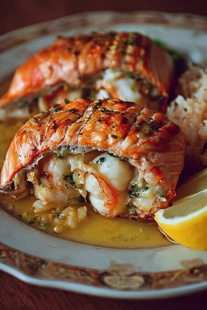 Crab and shrimp stuffed salmon served on a plate with garnishes.
