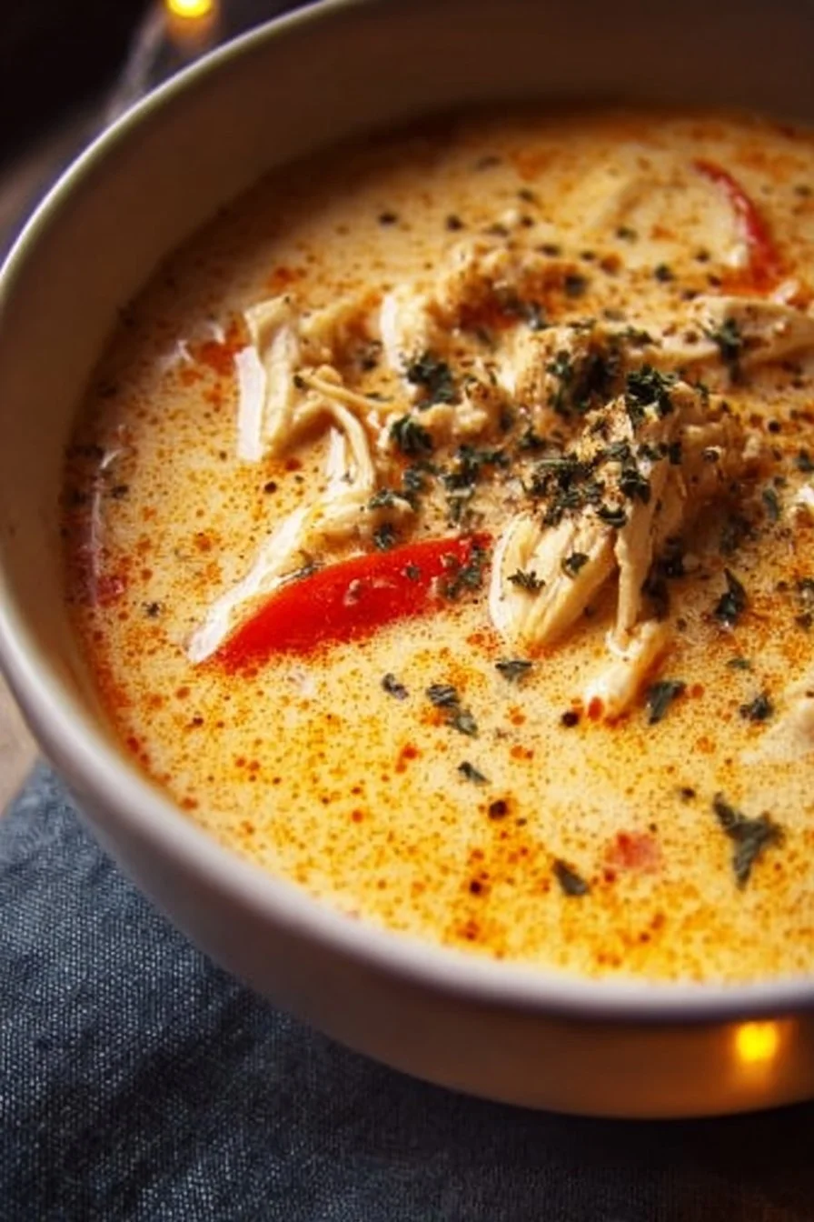 Delicious creamy Cajun chicken soup garnished with herbs in a bowl