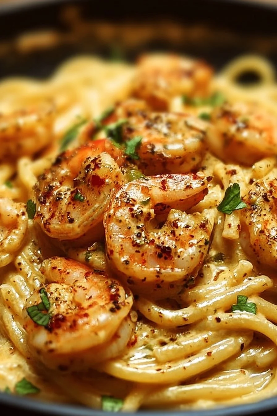 Creamy Cajun shrimp pasta served in a bowl with fresh herbs