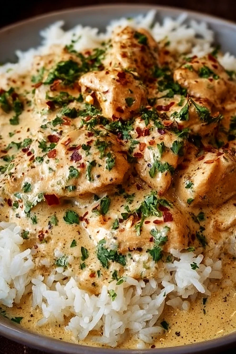 Creamy chicken and rice dish served in a bowl with fresh herbs