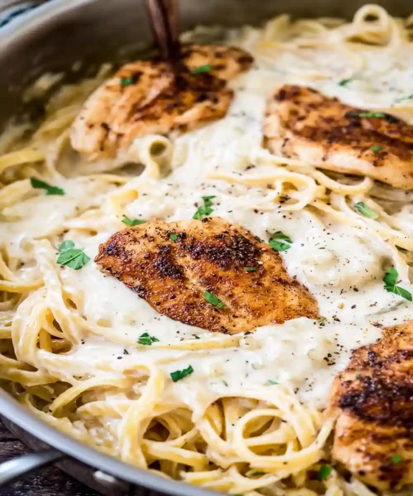 Creamy chicken alfredo pasta with grilled chicken breasts and fettuccine in a skillet