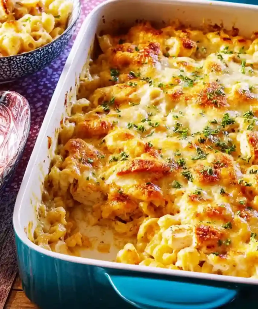 Baked creamy chicken pasta topped with golden melted cheese and fresh parsley