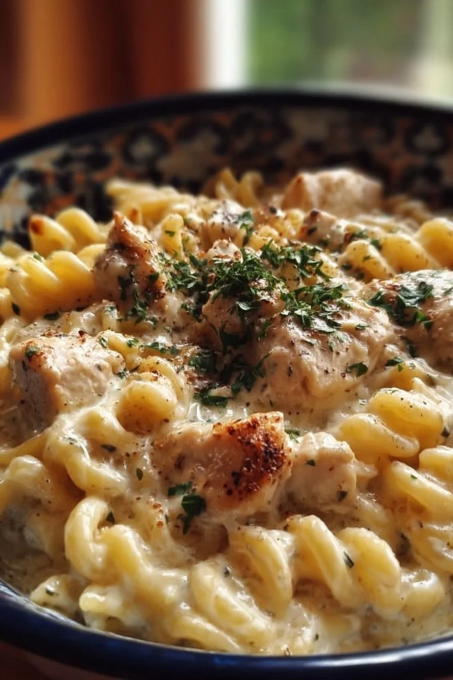 Creamy chicken pasta made in a crockpot, a delicious comfort dish.