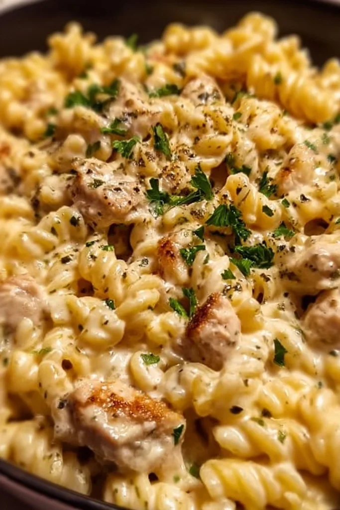 Creamy chicken pasta made in a crockpot, ready to serve