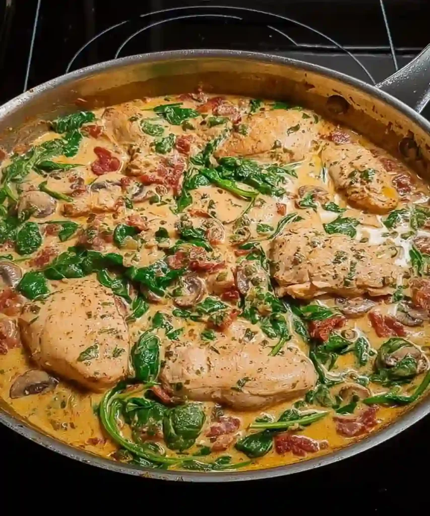 creamy chicken breasts in skillet with spinach, mushrooms, tomatoes, and herb sauce