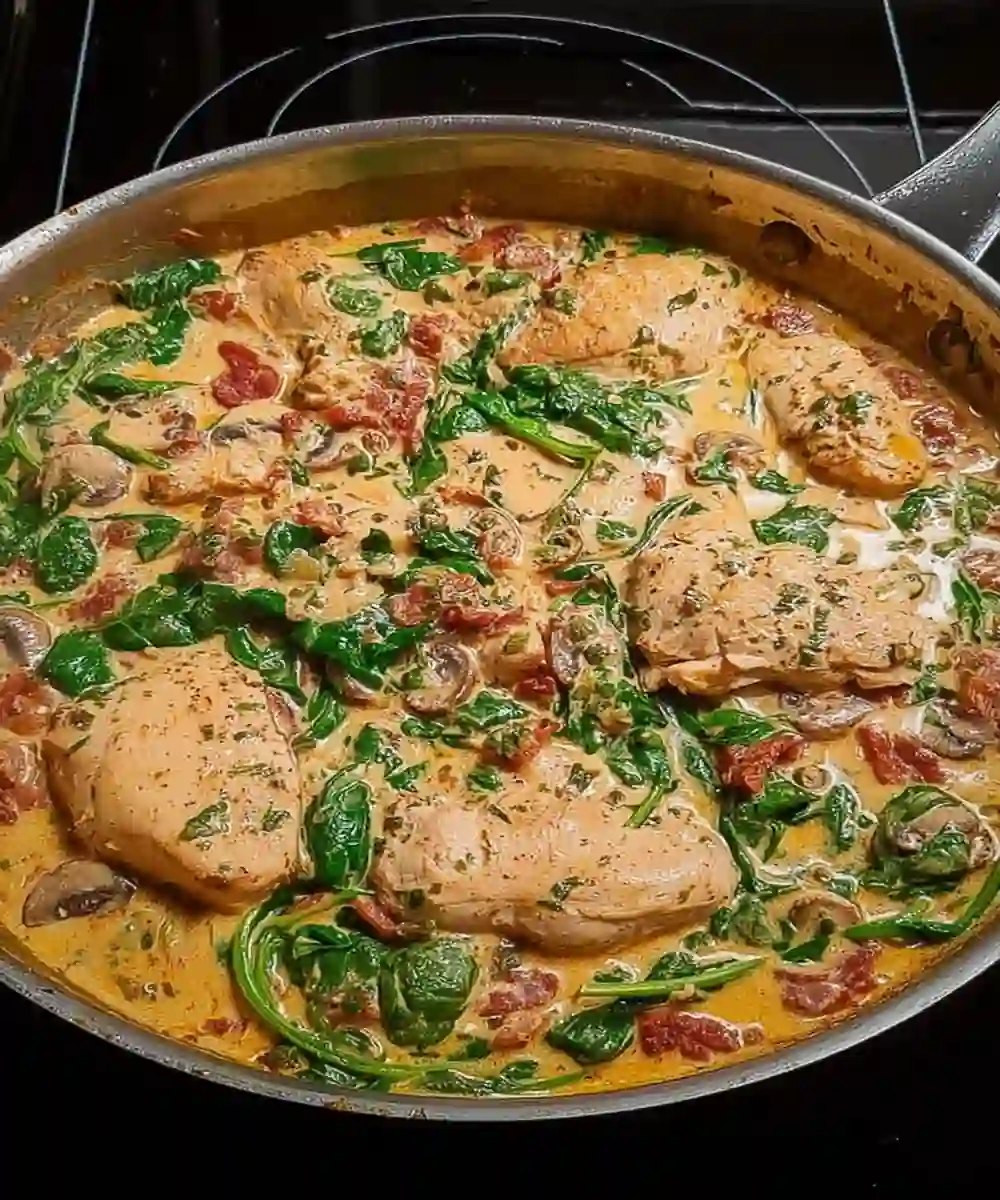 creamy chicken breasts in skillet with spinach, mushrooms, tomatoes, and herb sauce