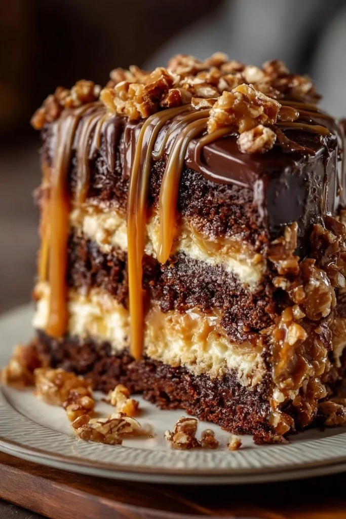 Delicious Chocolate Caramel Toffee Cake with crunchy toffee and creamy layers