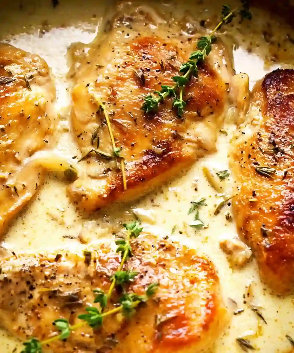Golden pan-seared chicken breasts in creamy garlic herb sauce with thyme sprigs