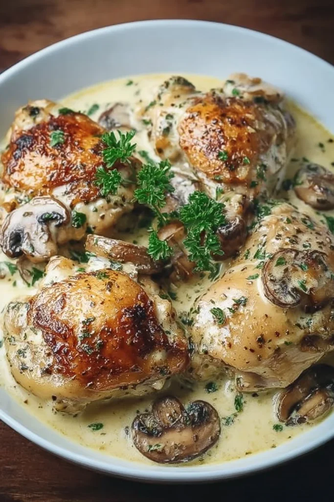 Creamy garlic mushroom chicken thighs served on a plate with herbs.