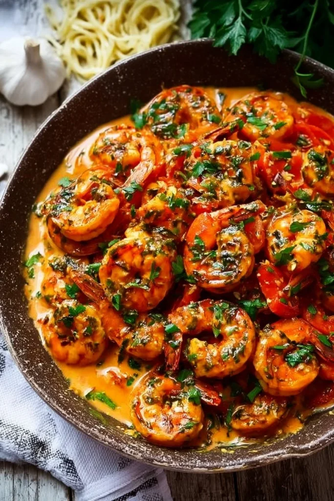 Creamy garlic-paprika shrimp in a skillet, garnished and ready to serve.