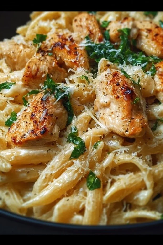 Creamy garlic parmesan chicken pasta served in a bowl with herbs