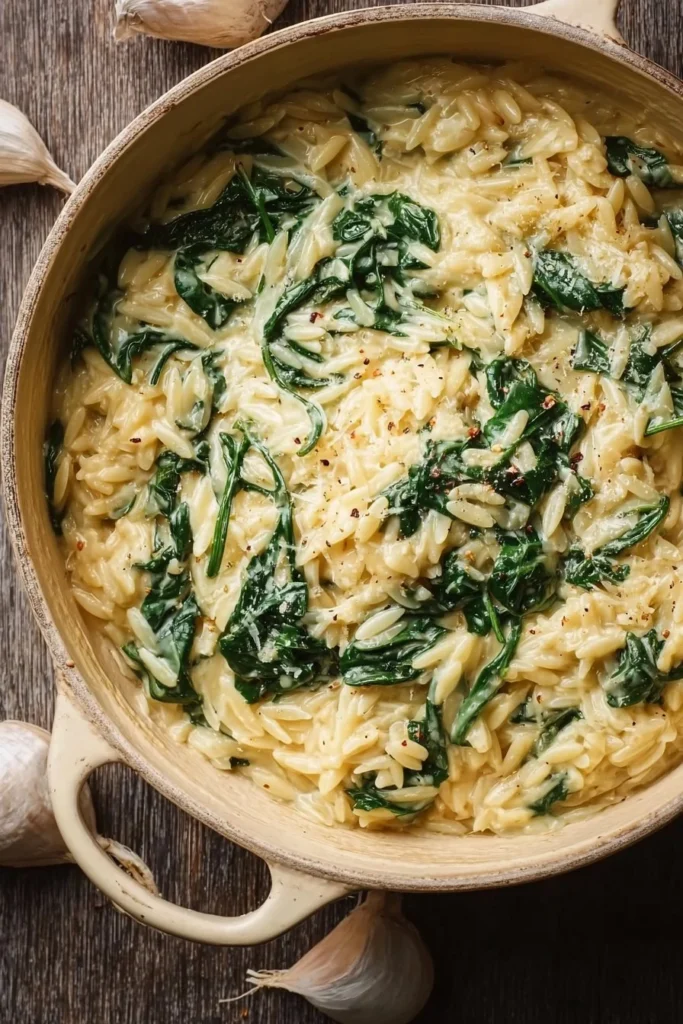 Delicious creamy garlic spinach orzo dish garnished with fresh herbs.