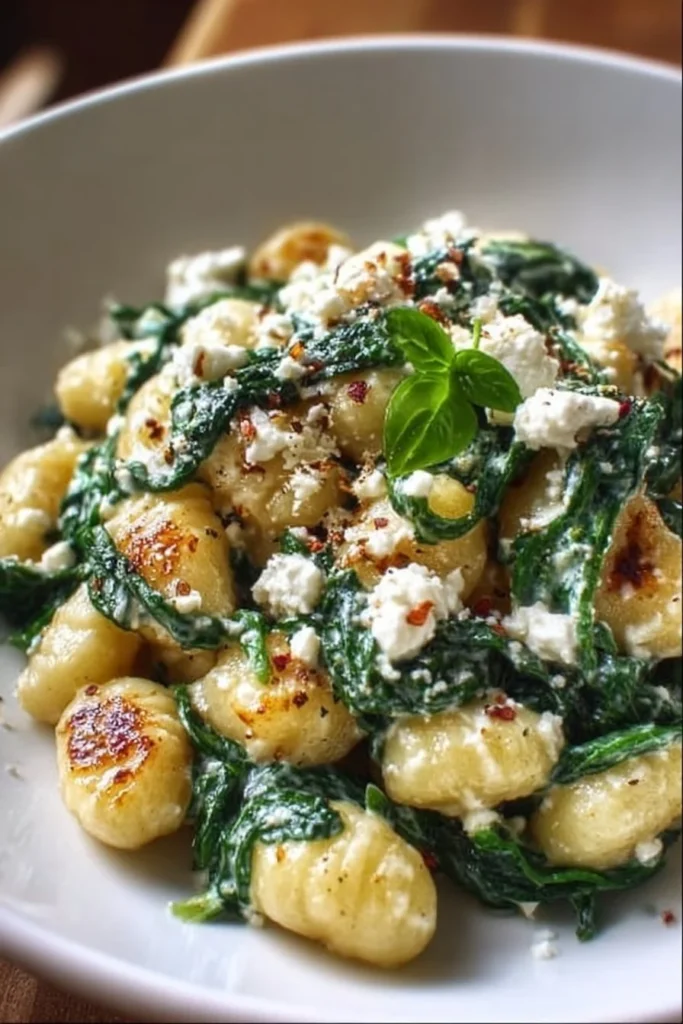 Creamy gnocchi with spinach and feta served in a bowl
