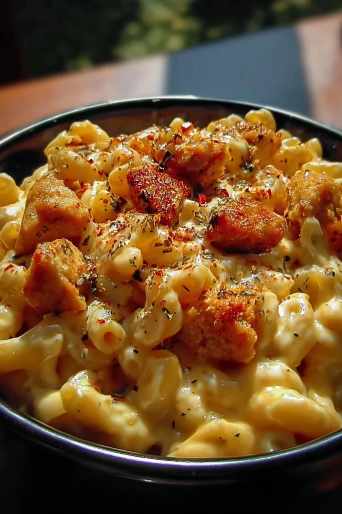 Creamy honey pepper chicken mac and cheese dish topped with herbs
