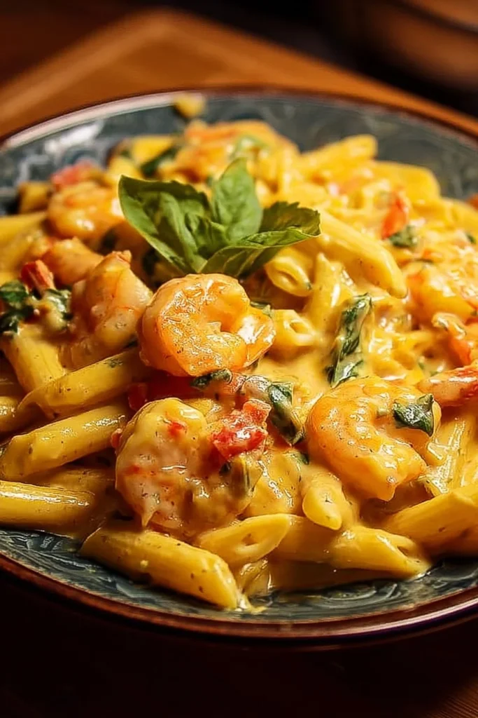 Creamy Jamaican Shrimp Rasta Pasta dish served with herbs and spices