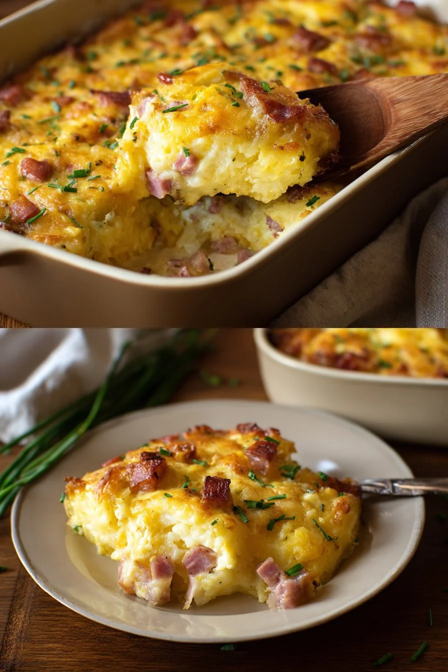 Creamy leftover ham potato casserole baked and served in a dish