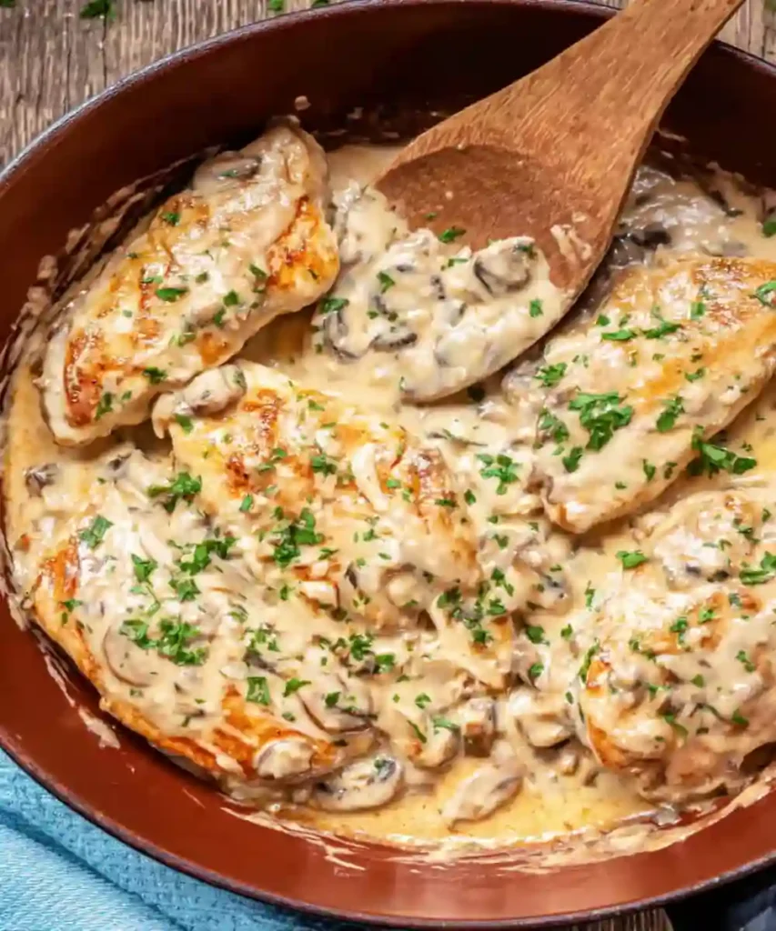Creamy mushroom chicken breasts in a skillet with rich garlic sauce and fresh parsley garnish
