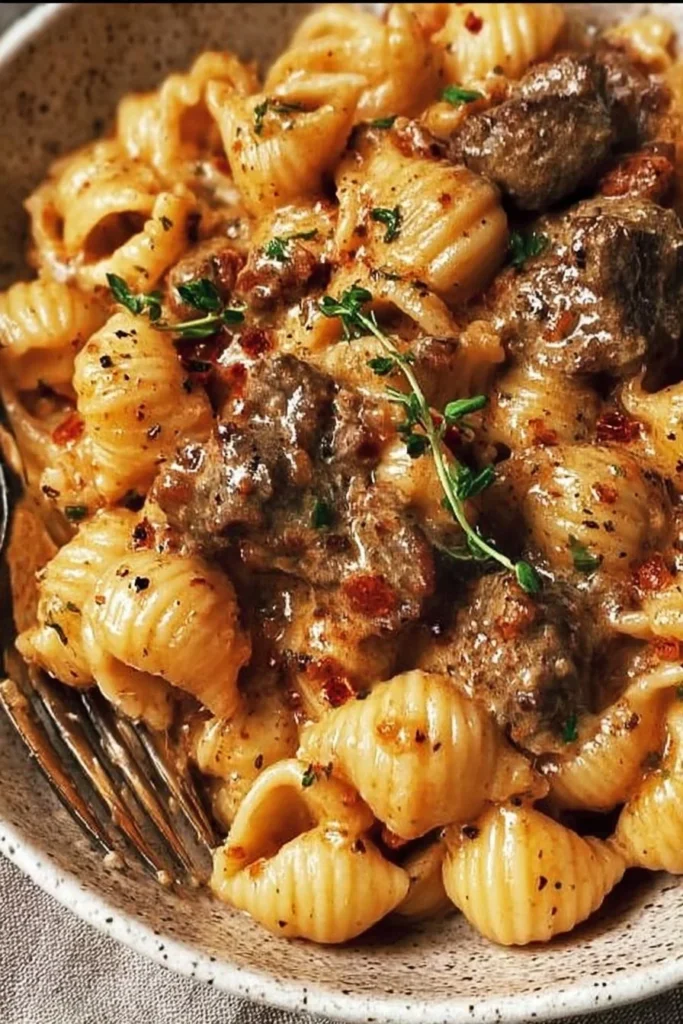 Creamy paprika steak shells served in a comforting bowl