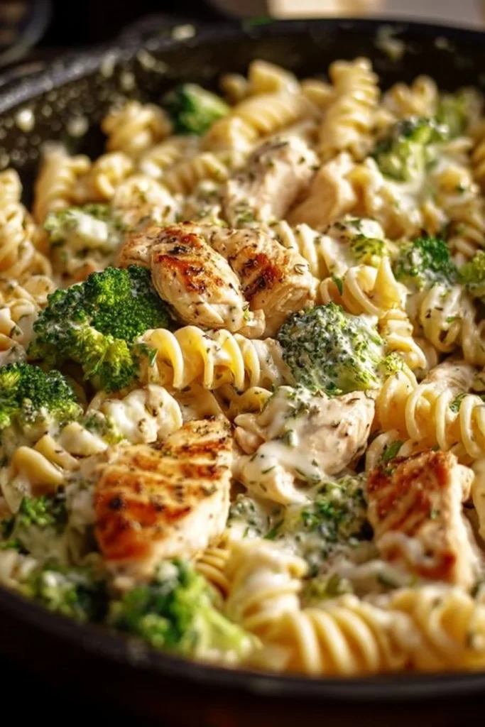 Creamy rotisserie chicken pasta with broccoli in a bowl