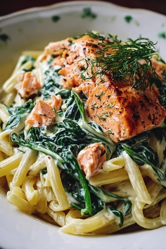 Creamy salmon spinach pasta served in a bowl with herbs.