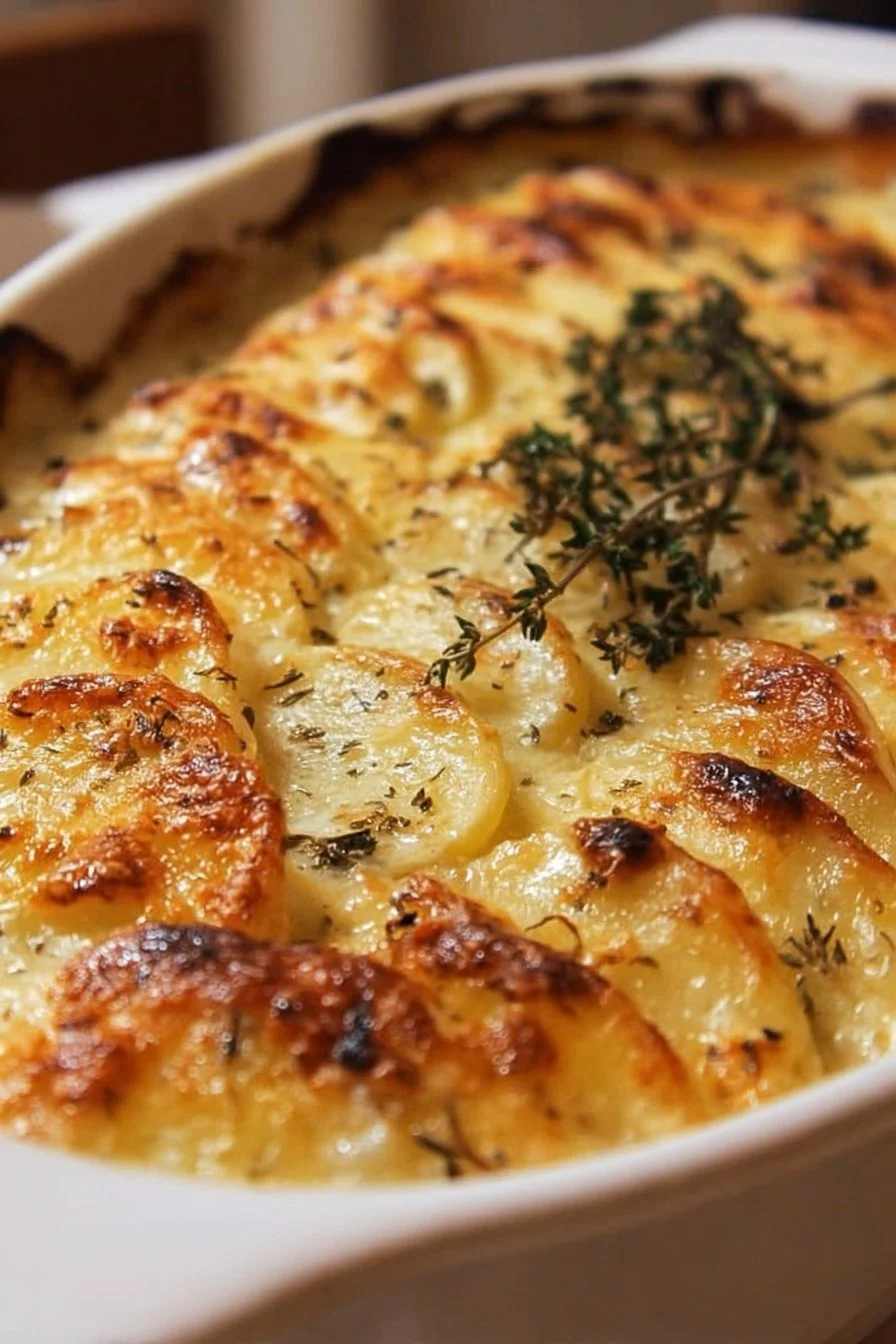 Delicious creamy scalloped potatoes served in a rustic bowl