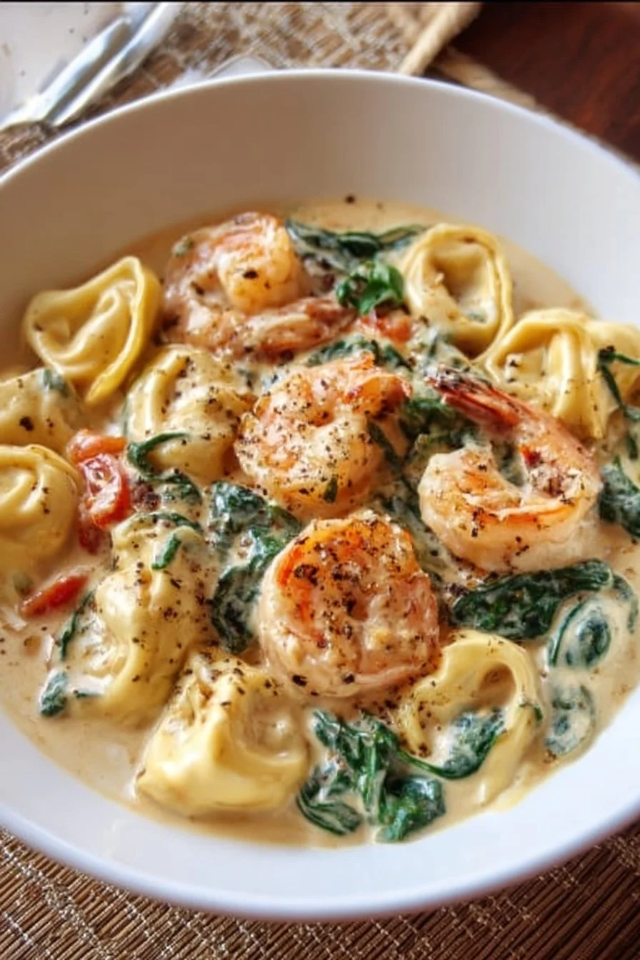 Creamy shrimp and spinach tortellini in a bowl with fresh herbs