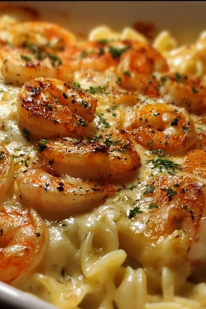 Creamy shrimp scampi pasta bake with herbs and cheese