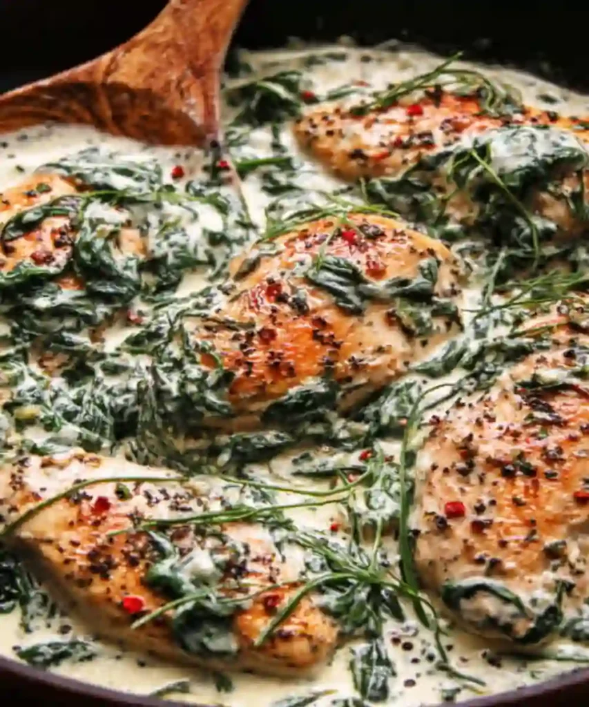 Creamy garlic chicken breasts with wilted spinach in a rich parmesan sauce