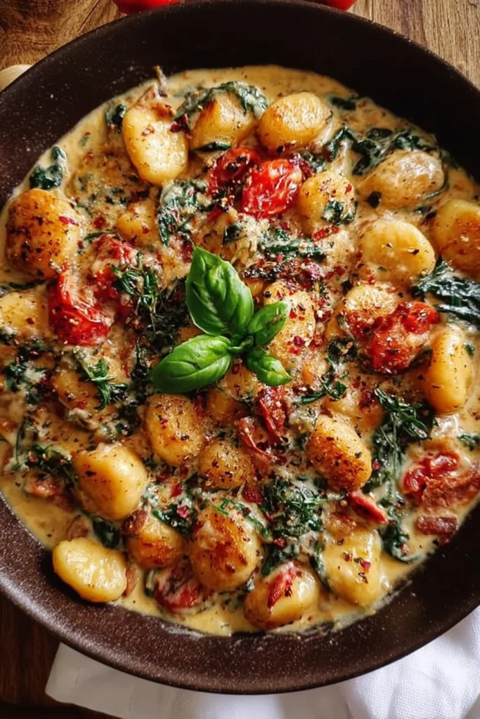 Creamy vegan gnocchi skillet topped with fresh herbs and vegetables