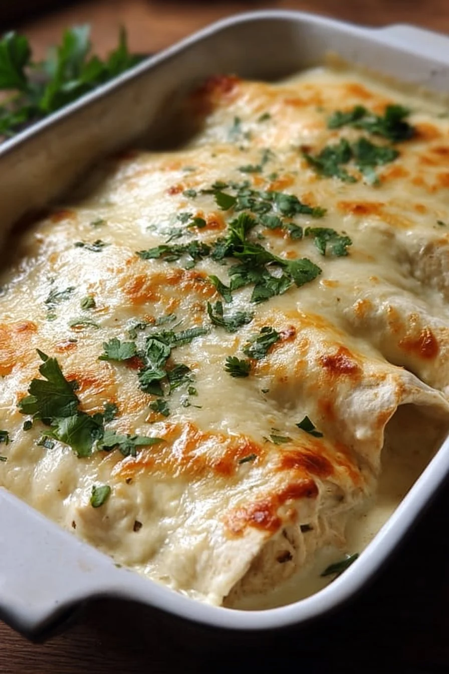 Delicious creamy white chicken enchiladas topped with fresh cilantro
