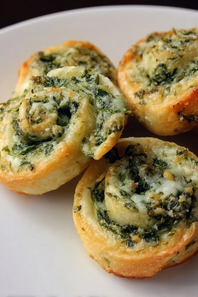 Delicious crescent roll Parmesan spinach rolls on a rustic platter