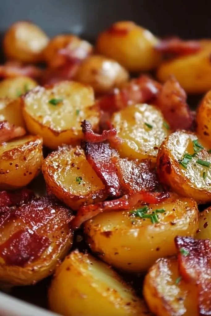 Crispy bacon honey roasted potatoes garnished with herbs