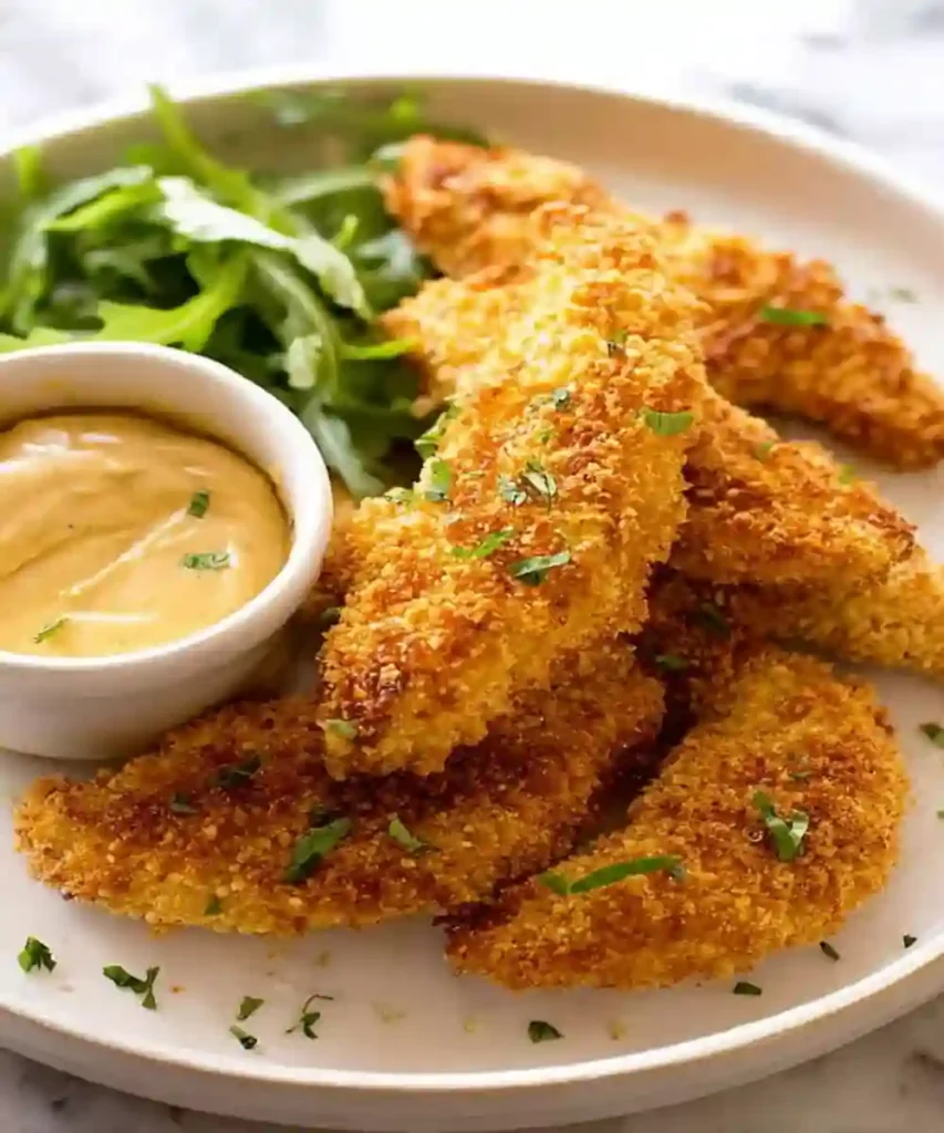 golden crispy baked chicken tenders with honey mustard sauce and fresh arugula on plate