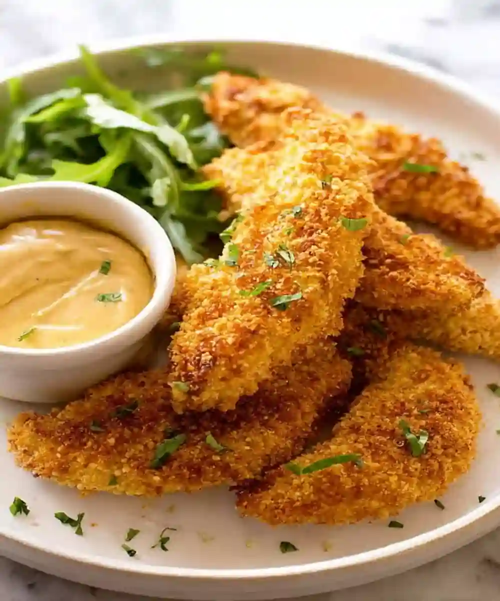golden crispy baked chicken tenders with honey mustard sauce and fresh arugula on plate
