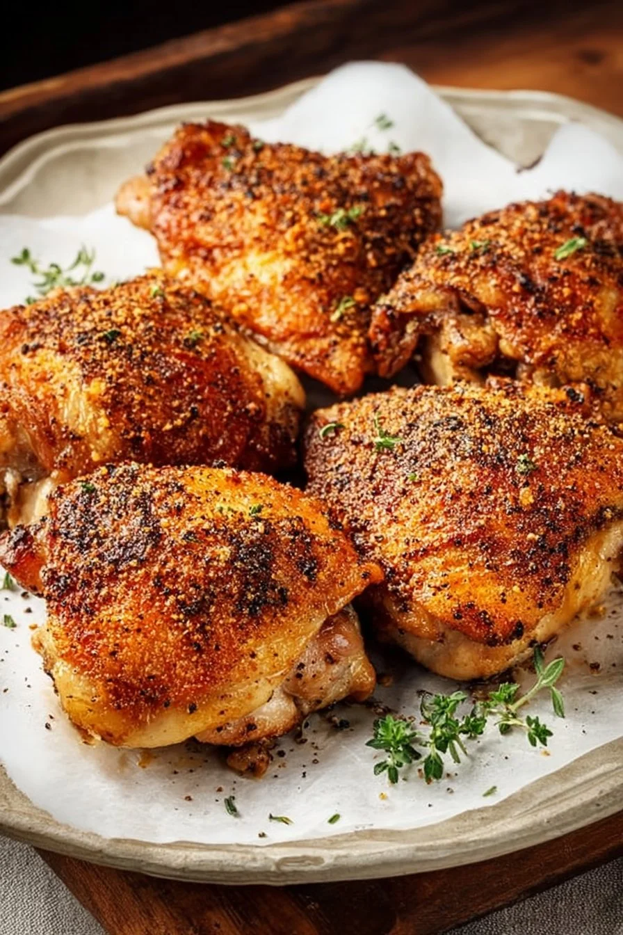 Crispy baked chicken thighs garnished with herbs on a plate