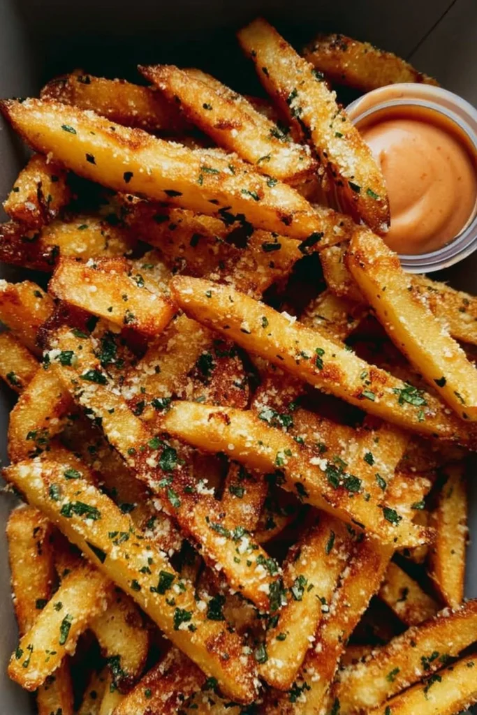 Plate of crispy garlic parmesan fries garnished with parsley