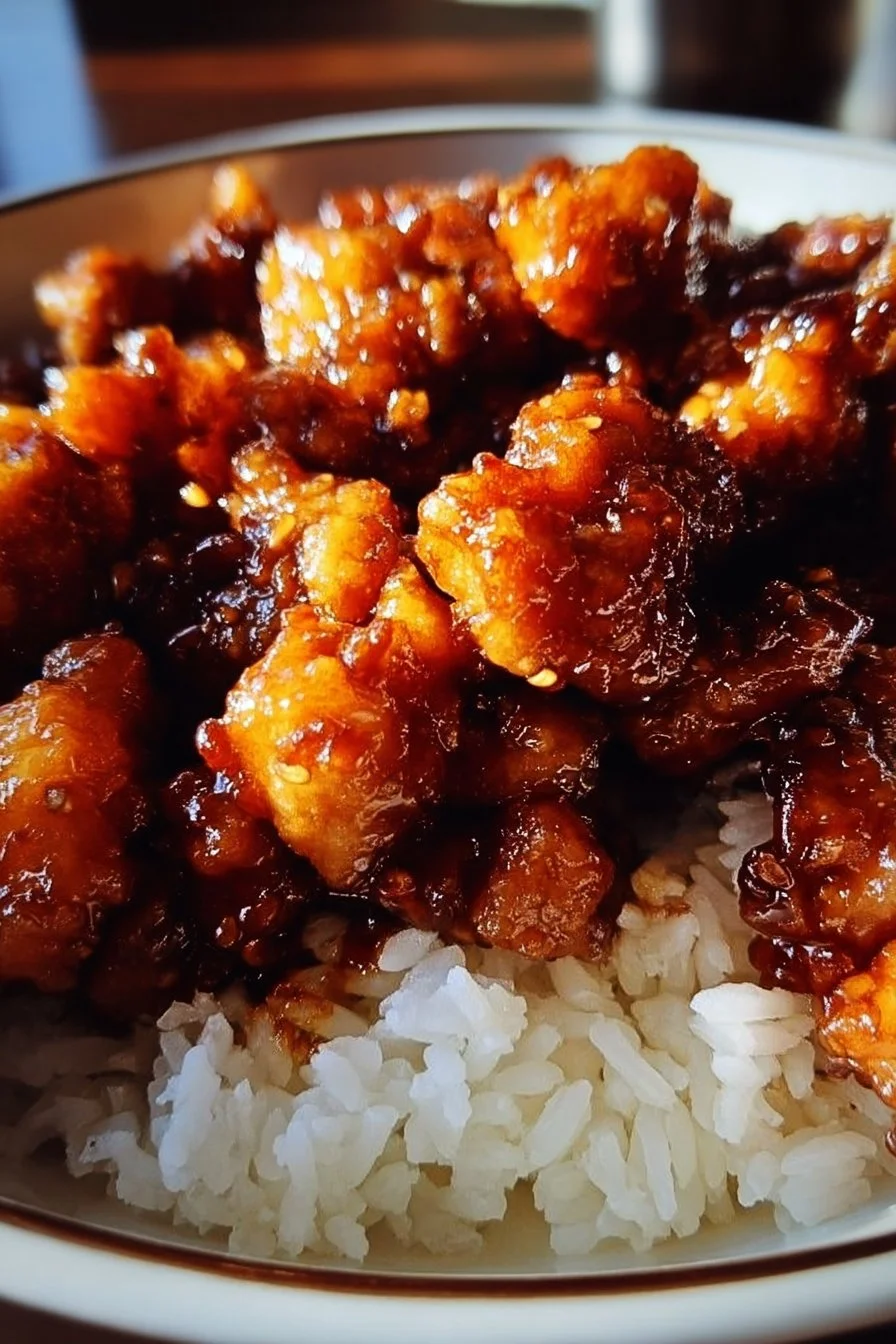 Crispy orange chicken served with garnishes on a plate