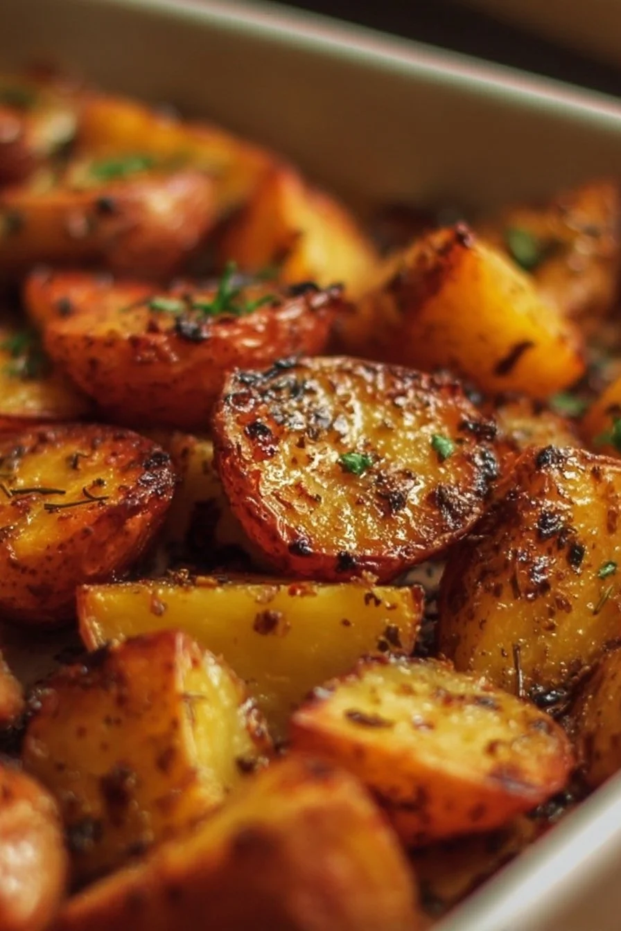 Crispy oven roasted red potatoes served on a plate.