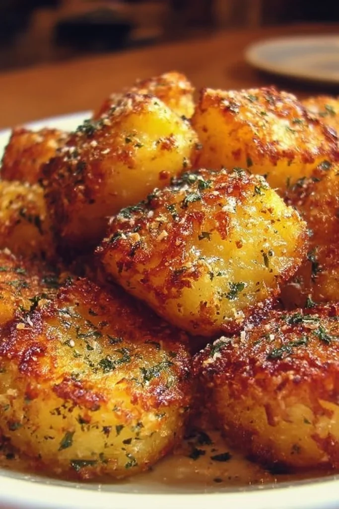 Crispy Parmesan Potatoes garnished with herbs on a plate