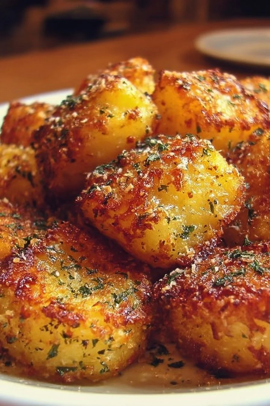 Crispy Parmesan Potatoes garnished with herbs on a plate