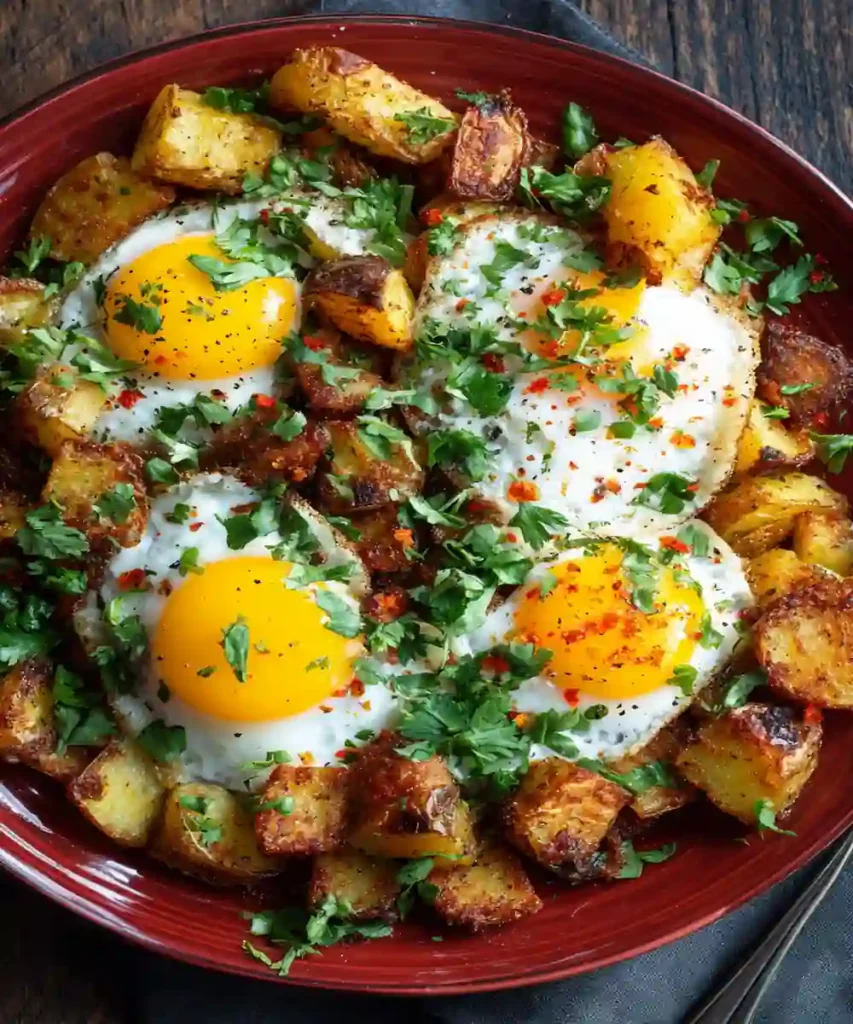 Crispy golden breakfast potatoes with sunny-side-up eggs and fresh herbs in a red plate