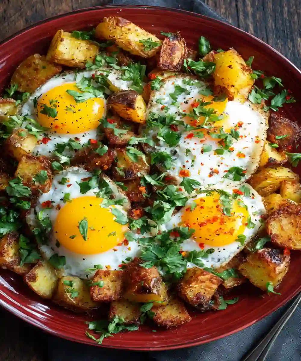 Crispy golden breakfast potatoes with sunny-side-up eggs and fresh herbs in a red plate