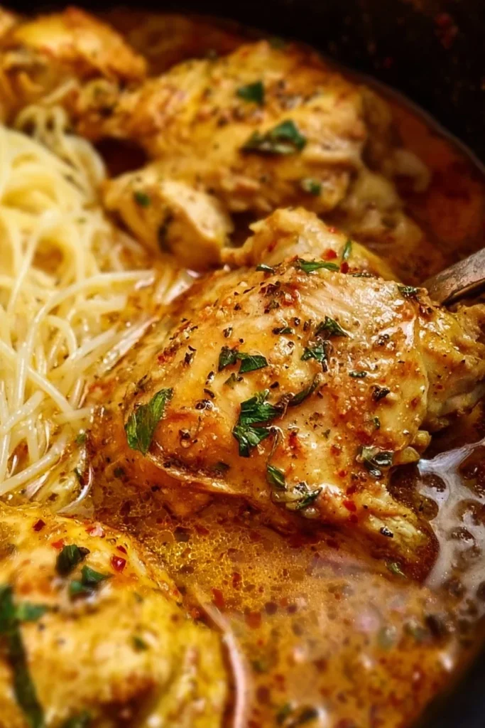 Crock Pot Angel Chicken recipe ready to serve with vegetables.